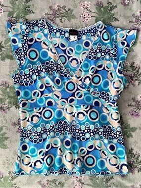 Vintage Timing Y2K Does 70s Groovy Retro Mod Print Blouse 💙🤍